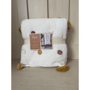 Crane Baby Pompom Quilt White Cotton Muslin Tassel Baby Blanket 36x36 BC-120BL-1